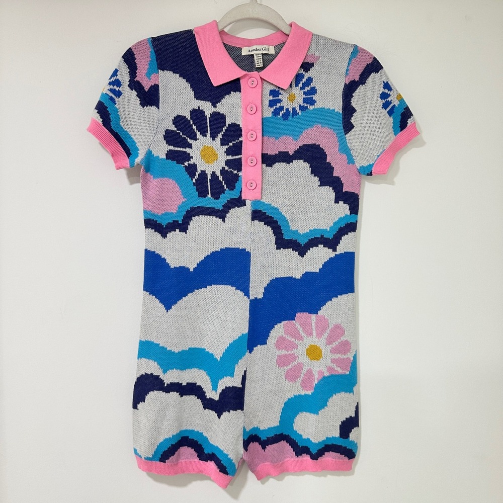Another Girl Psychedelic Knit Romper Womens XS 2 Floral Cloud Polo Retro